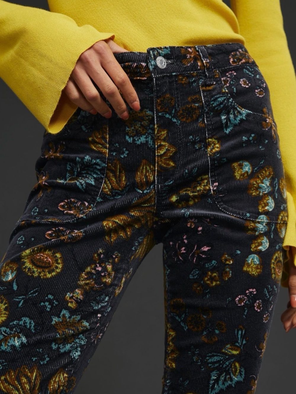 Anthropologie Pilcro The Icon Flare Low-rise Corduroy Jeans Black Floral